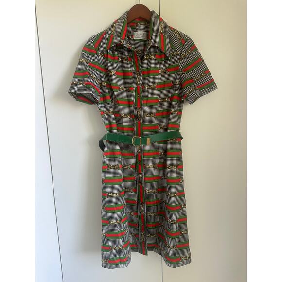 Vintage 60 Mod Style Dress Houndstooth Buckle Design Green/Red Designer Sz 6-8 - Picture 6 of 11